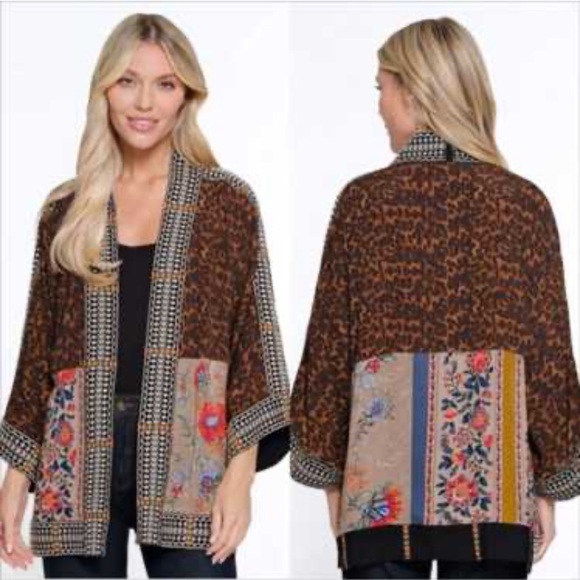 John Mark Embroidered Skin Multi Leopard Mixed Print short kimono - Picture 1 of 15